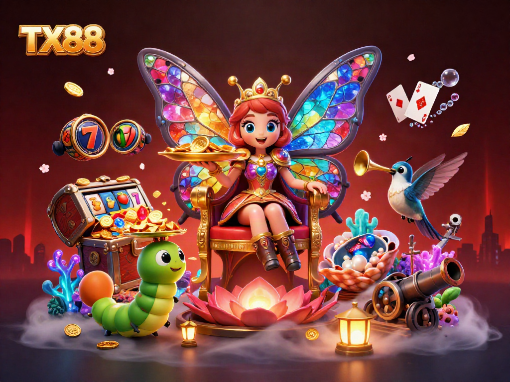 Win big with TX88 casino-themed scene featuring vibrant characters and slot elements.