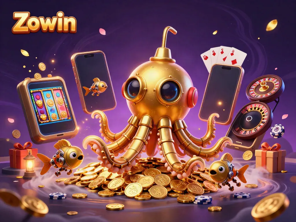 Zowin-themed illustration showcasing a golden kraken submarine amidst vibrant casino game elements