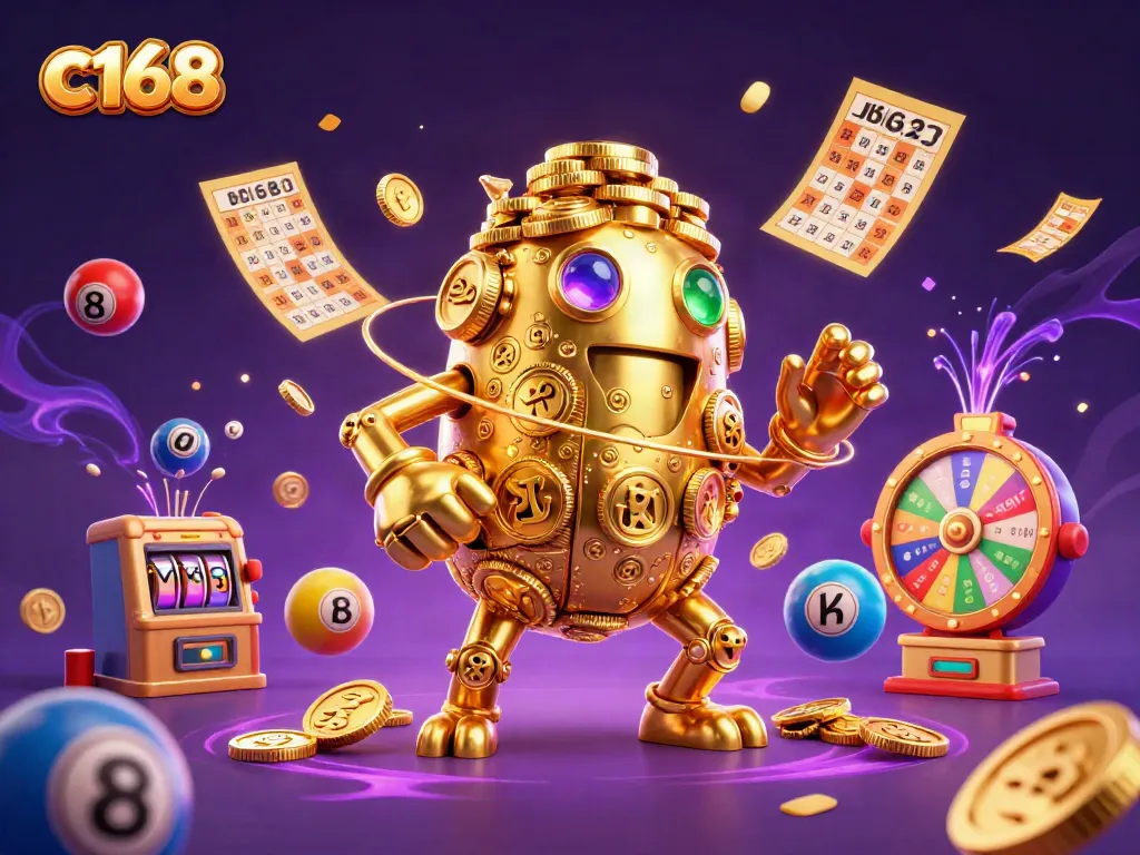 Experience thrilling wins with c168 as vibrant lottery balls, golden golem, and prizes surround you.
