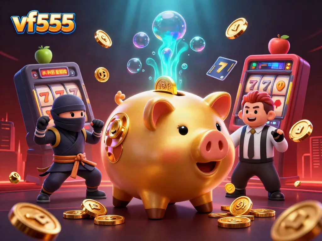 Engage with vf555 in an energetic casino scene featuring a golden piggy bank sumo wrestler and vibrant slot game elements.