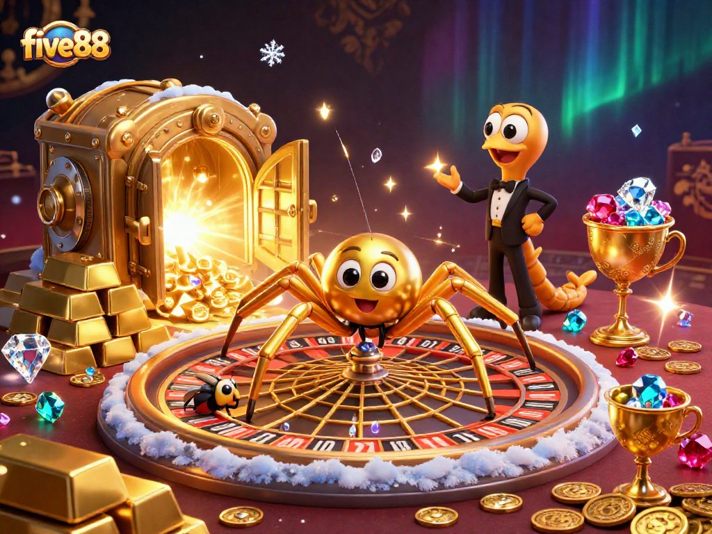 Experience exciting bets with five88 in a vibrant 3D casino-themed illustration.