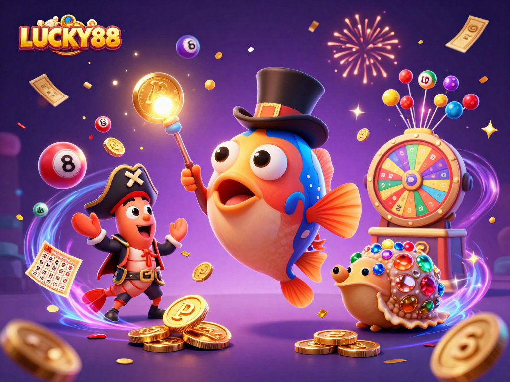LUCKY88 engages with a vibrant underwater casino theme featuring cartoon sea creatures surrounded by gaming elements.