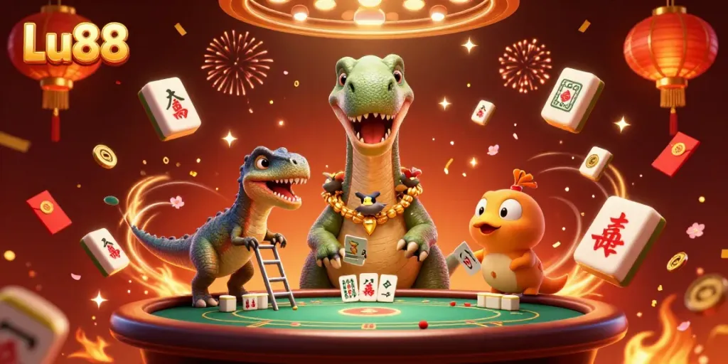 Experience thrilling casino action with Lu88 as a colorful brontosaurus observes poker gameplay below.