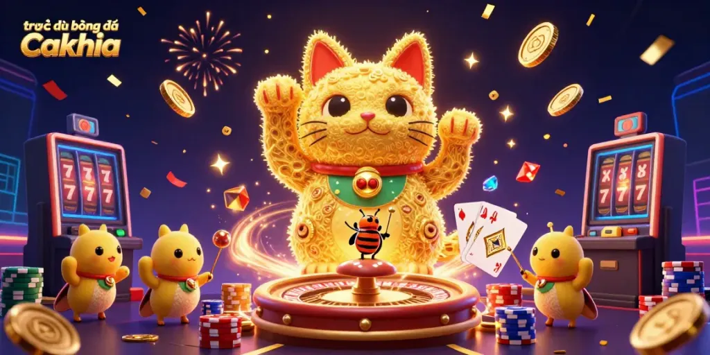 Experience trực tiếp bóng đá Cakhia with vibrant visuals of a lucky cat and dynamic casino elements.