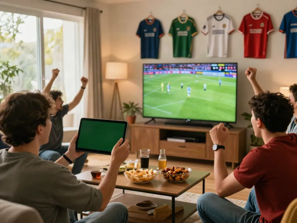 Thapcamtv fans celebrating football match in a vibrant living room.