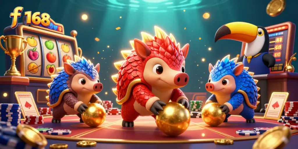 Engage in thrilling slot games with f 168 as rival pangolins battle in a vibrant casino scene.