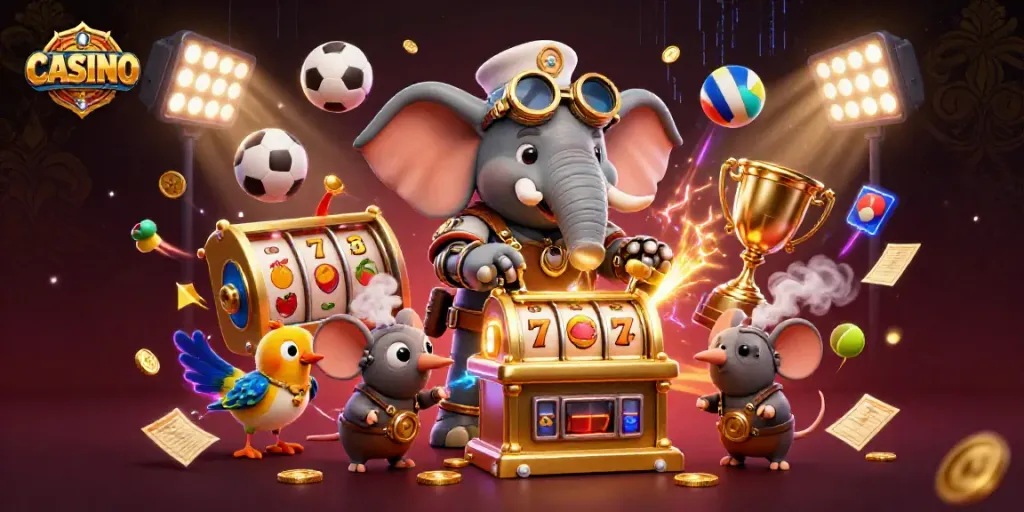 Engage with a steampunk casino scene featuring characters and vibrant gaming elements.