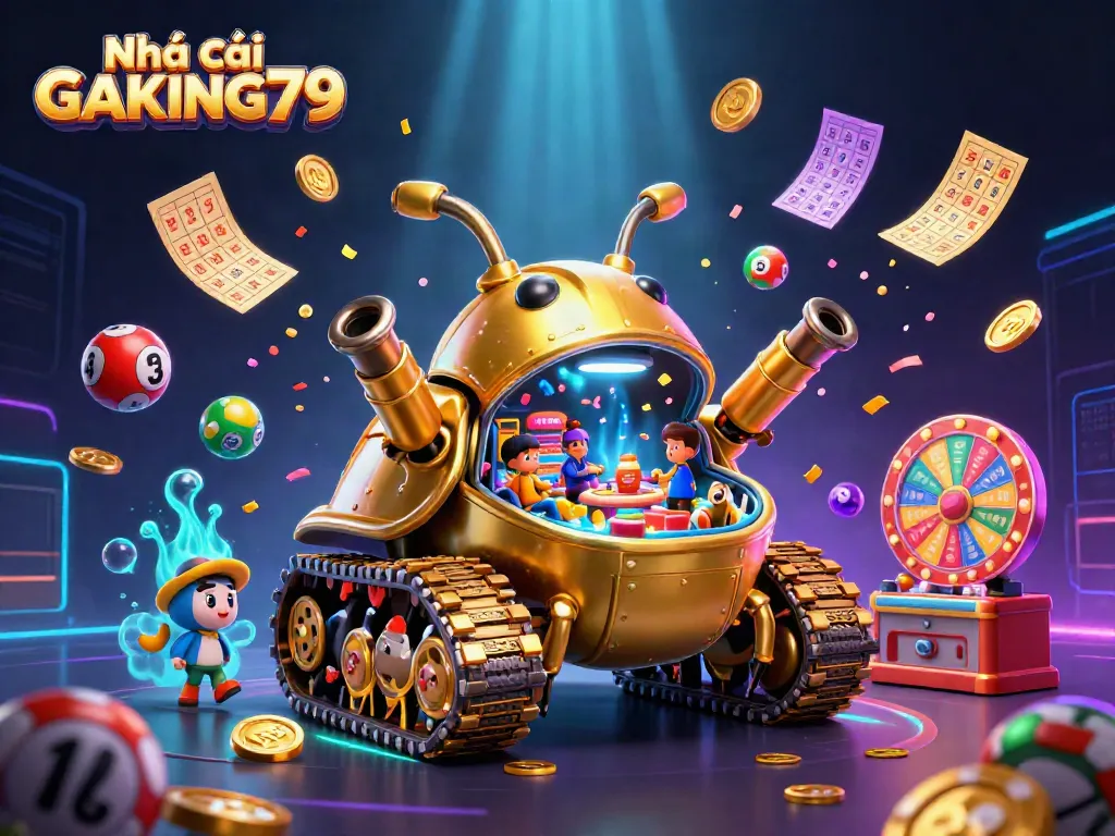 Engage with the exciting world of Nhà cái GAKING79 through a vibrant 3D casino illustration showcasing dynamic gambling elements.