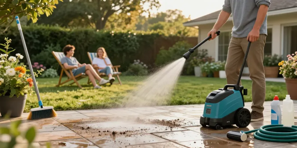 Efficiently cleaning patio with Makita patio cleaner in a vibrant backyard setting.