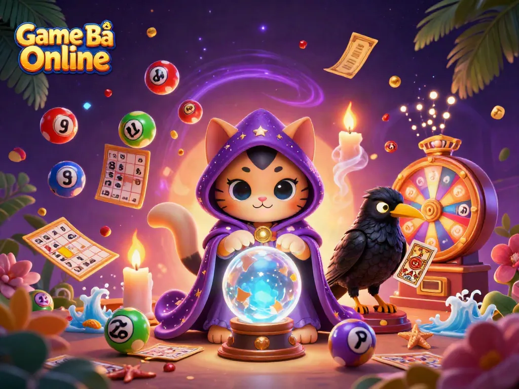 Engage in exciting Game Bài Online gameplay with animated characters, vibrant lottery elements, and a magical casino scene.