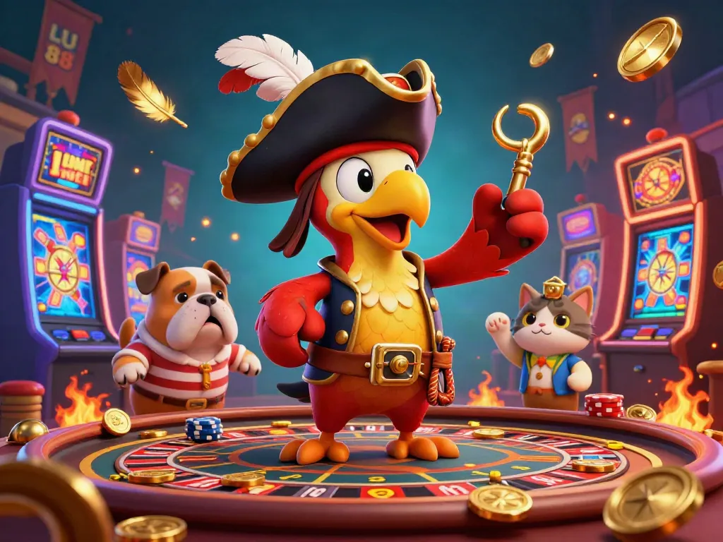 Engage with LU 88 in a vibrant casino scene featuring a pirate captain, bulldog, and cat amidst slot machines.