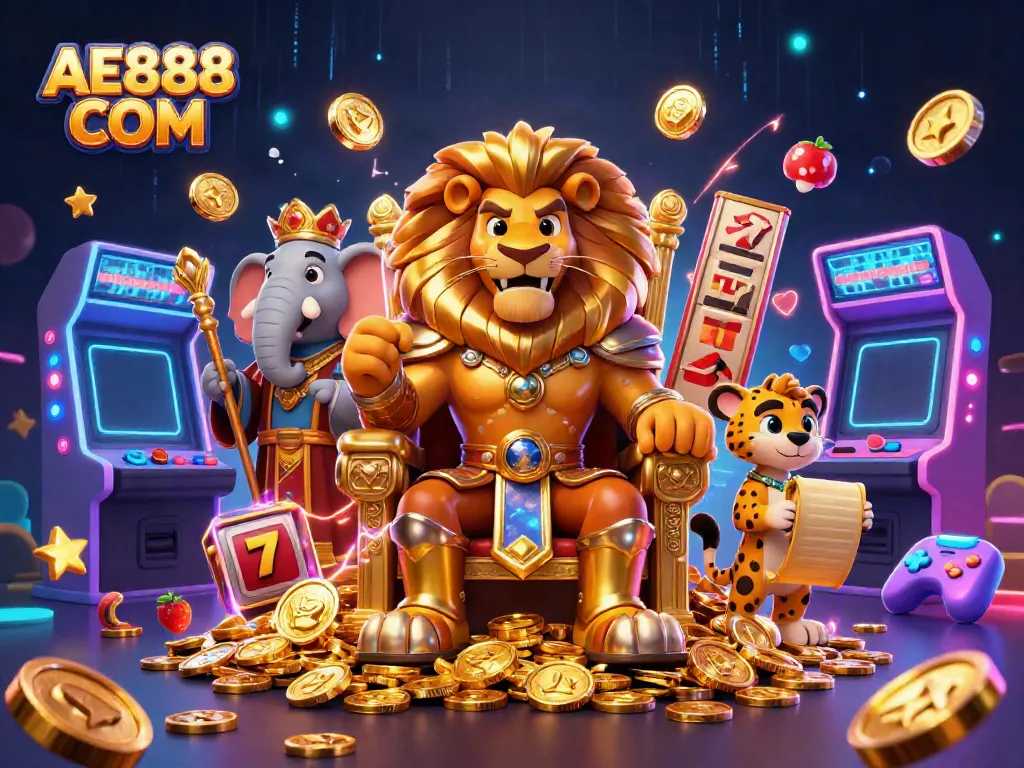 Experience the thrill of winning with AE888 COM in a vibrant casino scene featuring majestic characters.