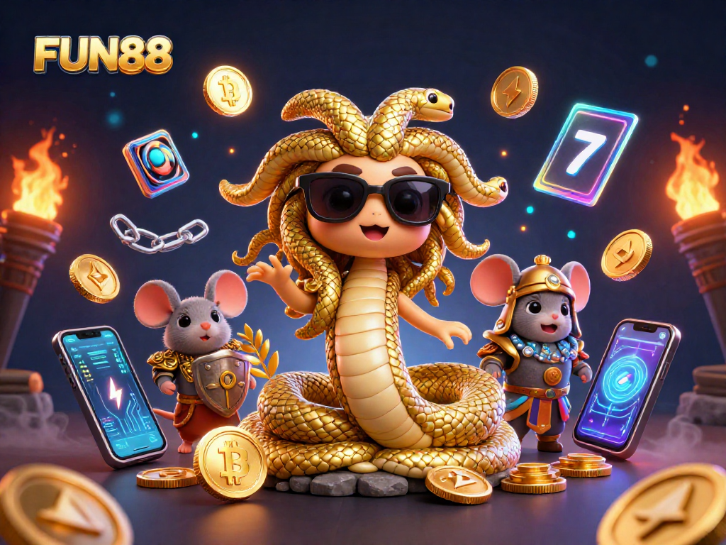 Experience FUN88 with a vibrant slot scene featuring Medusa and a warrior mouse.