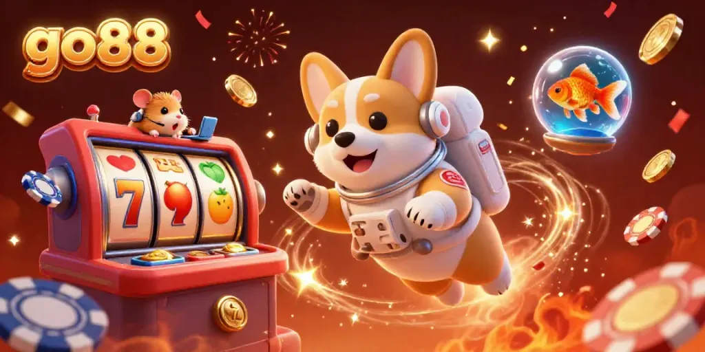 Experience the excitement of go88 with a lively casino scene featuring a floating corgi and vibrant slot elements.