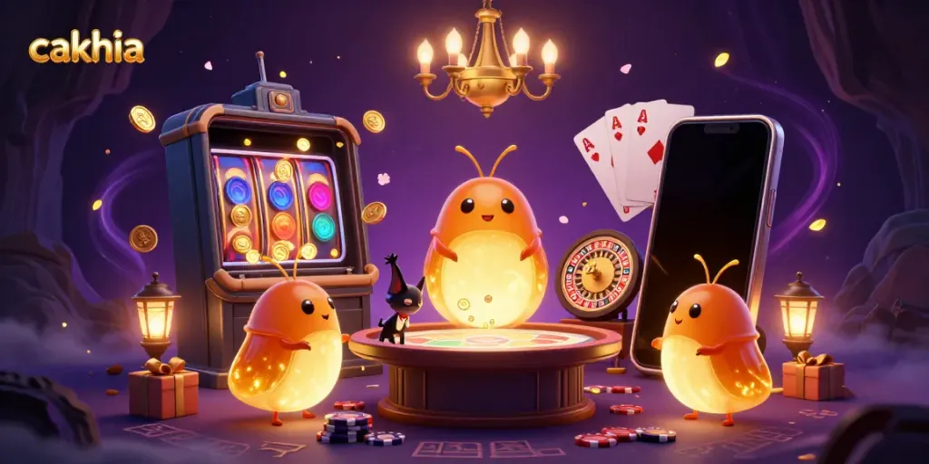 Cakhia's vibrant cave casino illuminated by glowworms and a bat dealer, showcasing gaming excitement.