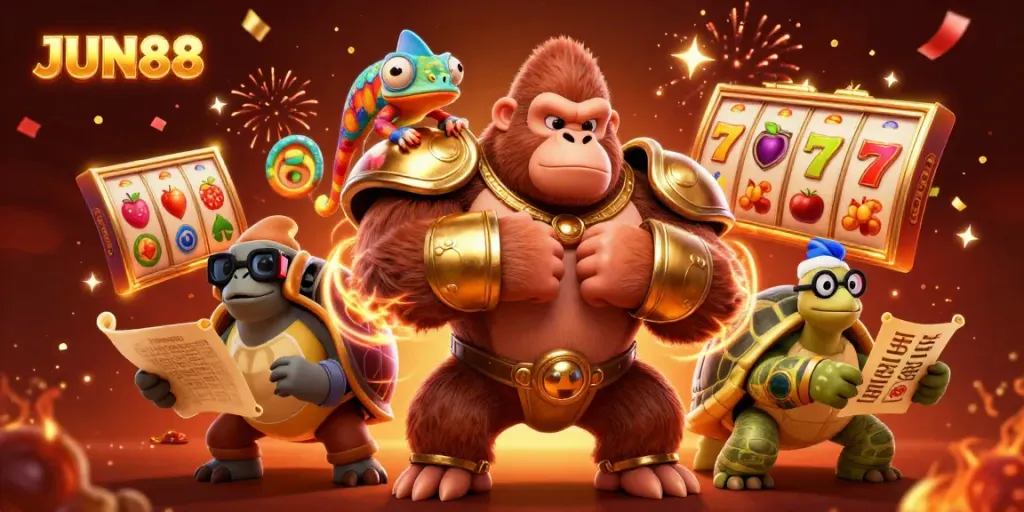 Experience thrilling jackpots at JUN88 with a vibrant casino scene featuring a gorilla king and rich game elements.