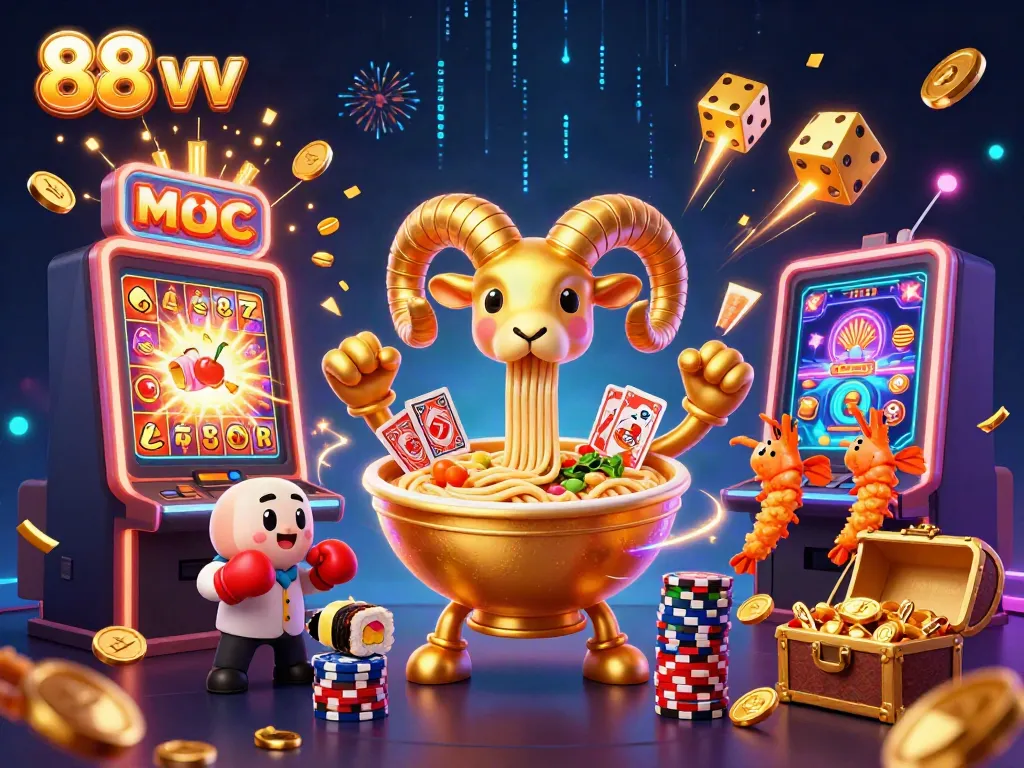 Experience the thrill of 88 vv with a vibrant casino scene featuring a ramen bowl dealer surrounded by dazzling gaming elements.