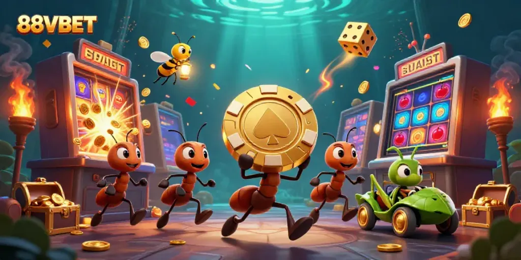 Engage with 88VBET through an exciting heist scene featuring ants, a firefly, and a grasshopper amidst dynamic casino elements.