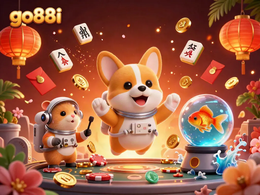 Join the go88i mission in a vibrant space casino with a floating corgi and goldfish, surrounded by gaming elements.