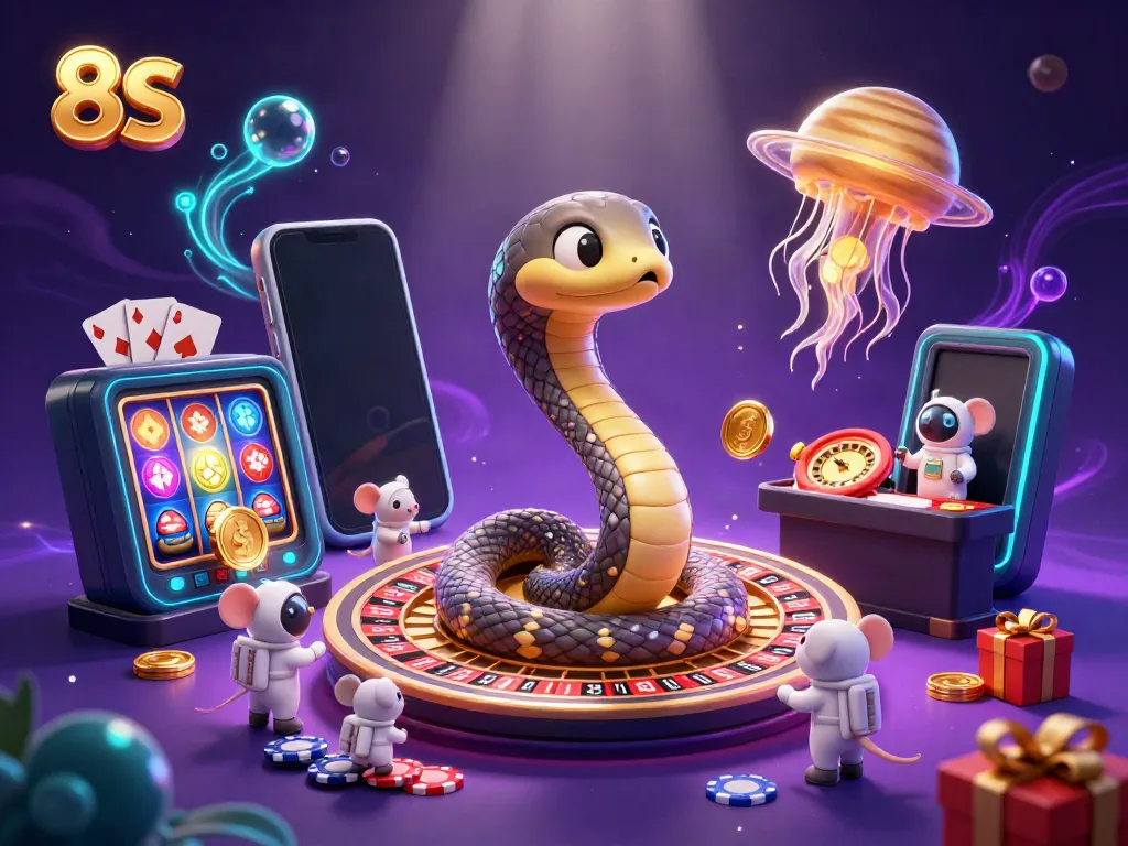 Experience the cosmic excitement of 8S with astronauts betting on a roulette-wheel snake and a jellyfish dealer!