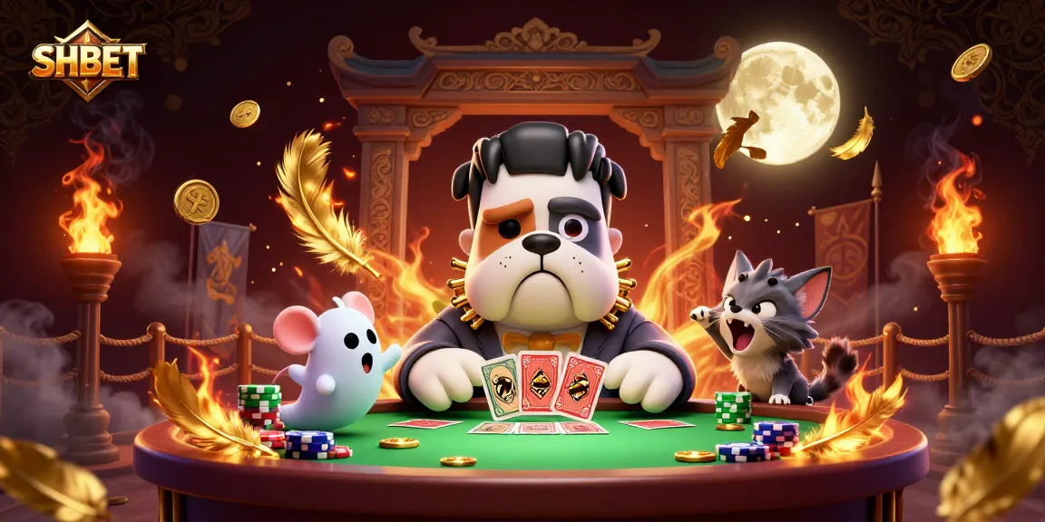 Engage with SHBET's thrilling live casino action featuring a bulldog monster dealer and vibrant gambling elements.
