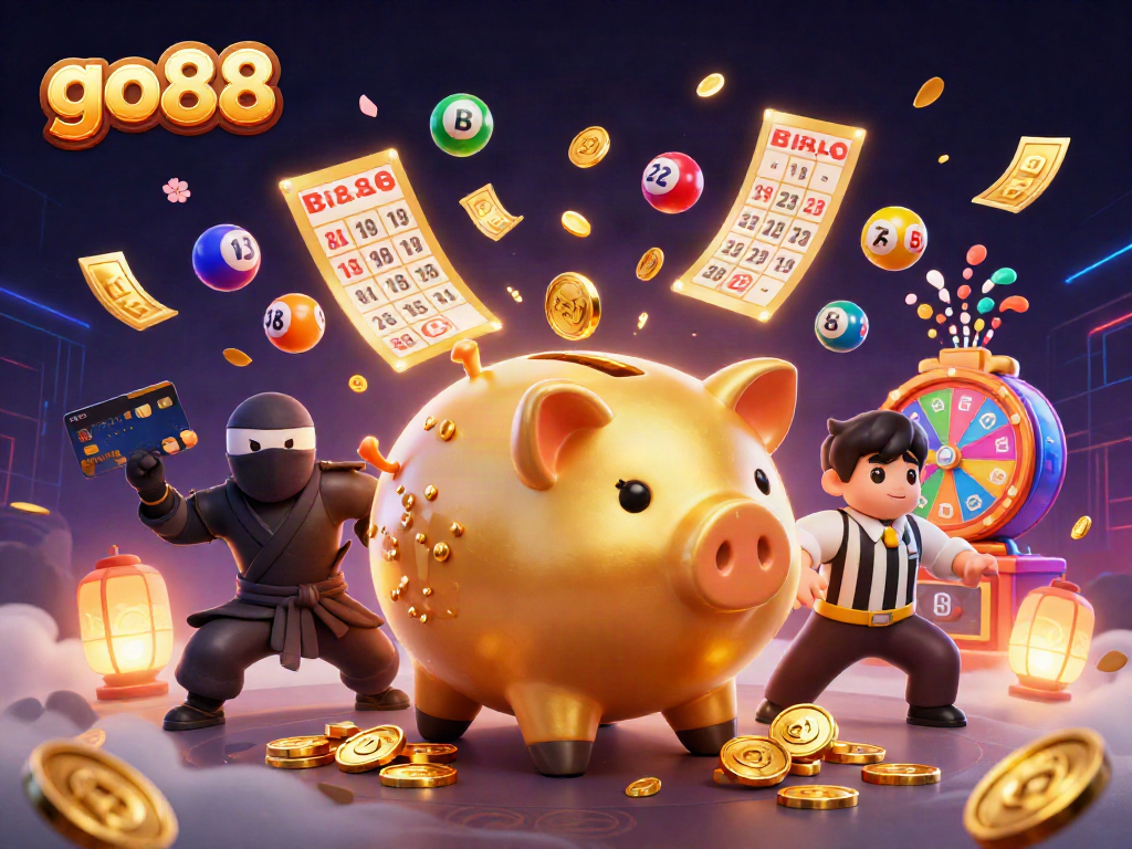 Experience the excitement of go88 with a golden piggy bank sumo wrestler amidst a vibrant casino scene.