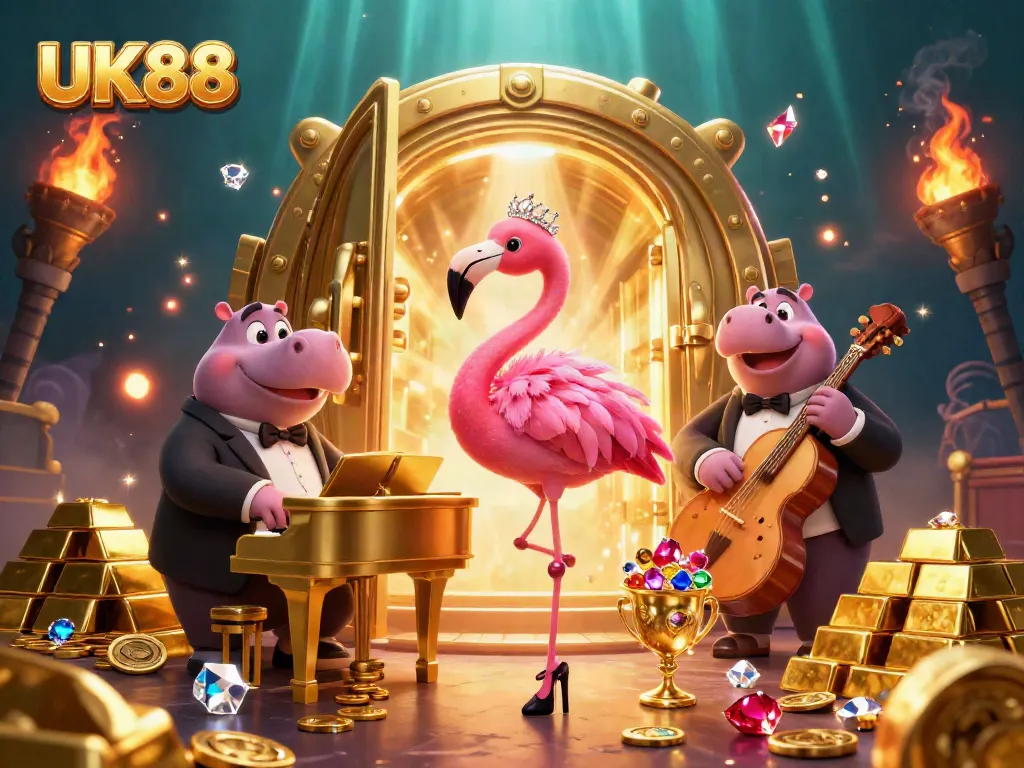 Experience the excitement of UK88, featuring vibrant characters performing amid a treasure-filled casino scene.