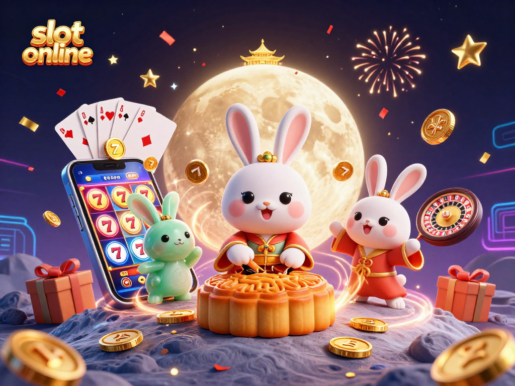 Mainkan slot online dengan kelinci bulan yang mempersembahkan kue bulan sambil dikelilingi chip poker dan slot yang berputar.