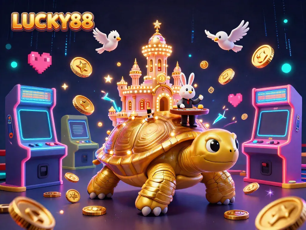 Experience the excitement at LUCKY88 with a vibrant, animated casino scene featuring a golden tortoise and rabbit dealer.