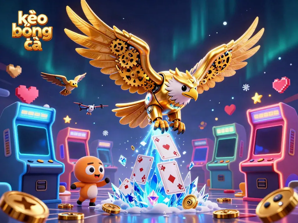 Engaging action scene depicting kèo bóng đá with a golden eagle soaring amid colorful casino elements.
