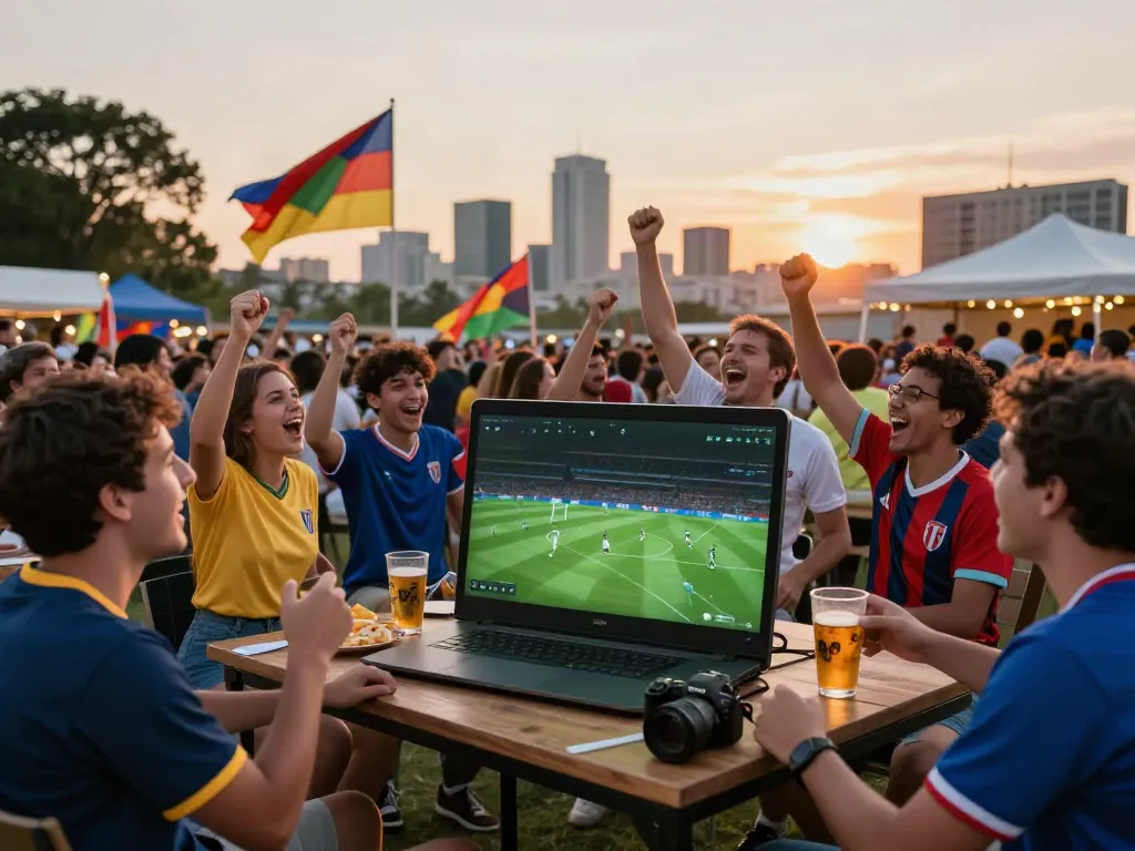 Xoilactv football enthusiasts enjoying a live viewing party outdoors with excitement and celebration.