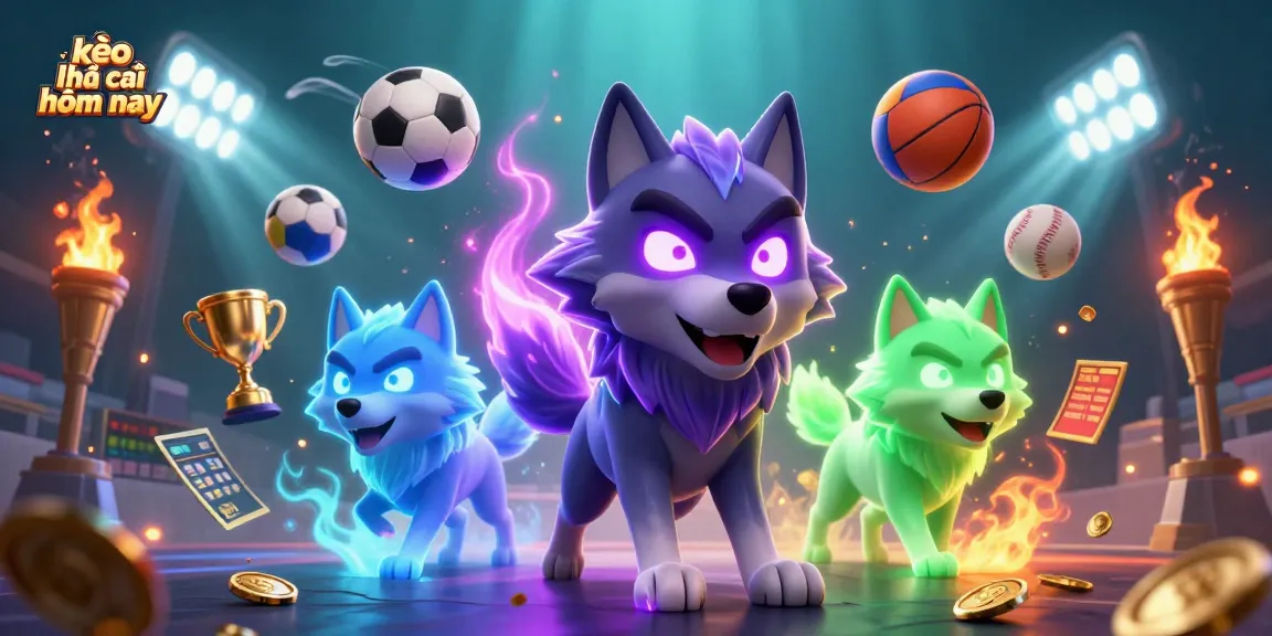 Bet on kèo nhà cái hôm nay with dynamic sports elements and captivating 3D wolf illustration.