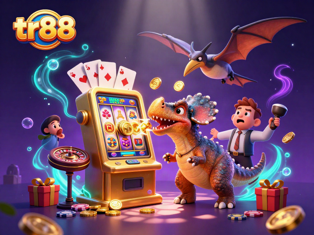 tr88 jackpot scene with cartoon dinosaurs at a slot machine, golden coins flying around