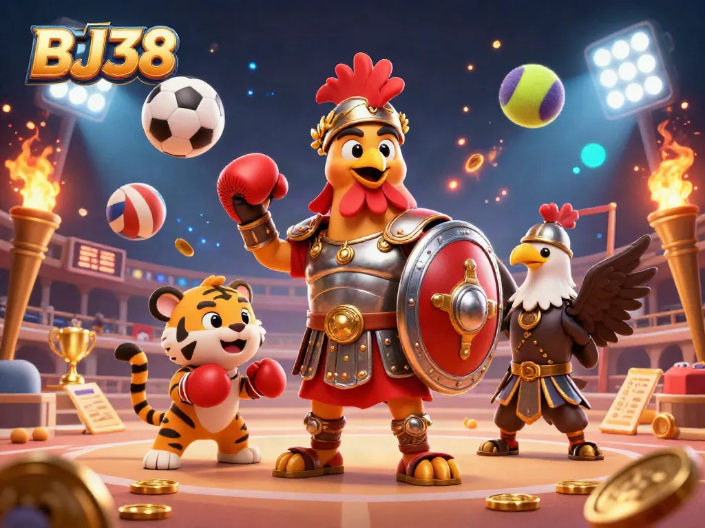 BJ38 showcases vibrant gambling action with a gladiator rooster and sports elements in a dynamic arena.
