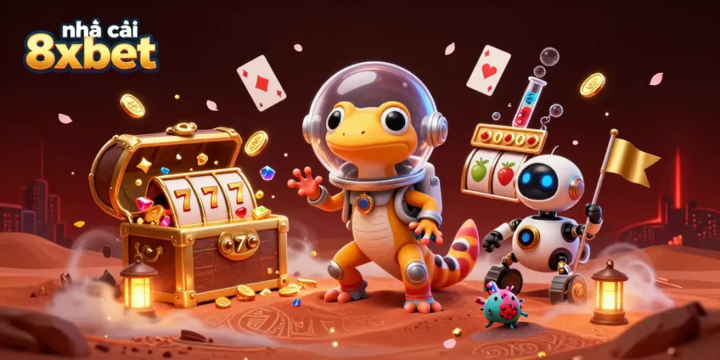 Experience exciting gameplay at nhà cái 8xbet with a Martian gecko discovering a golden casino.