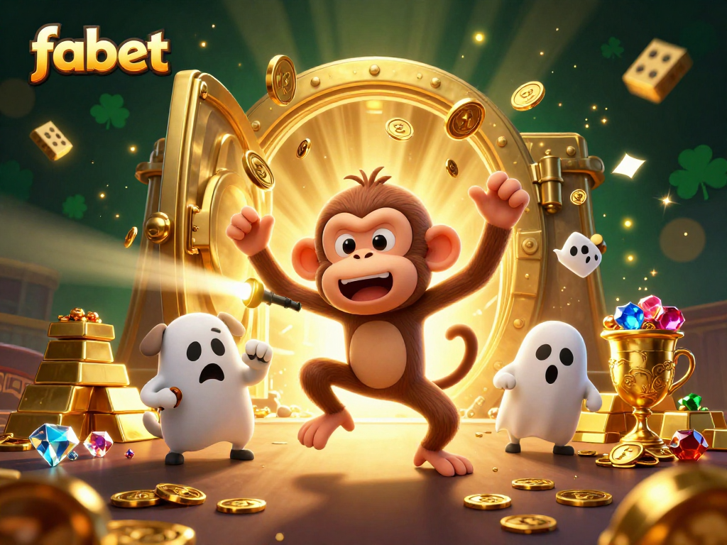 Experience fabet's exhilarating thrills as a mischievous poltergeist monkey haunts a vibrant casino scene.