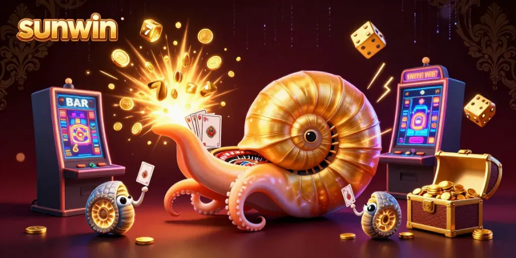Experience the thrilling world of sunwin as a giant nautilus spins a roulette wheel surrounded by vibrant casino elements.