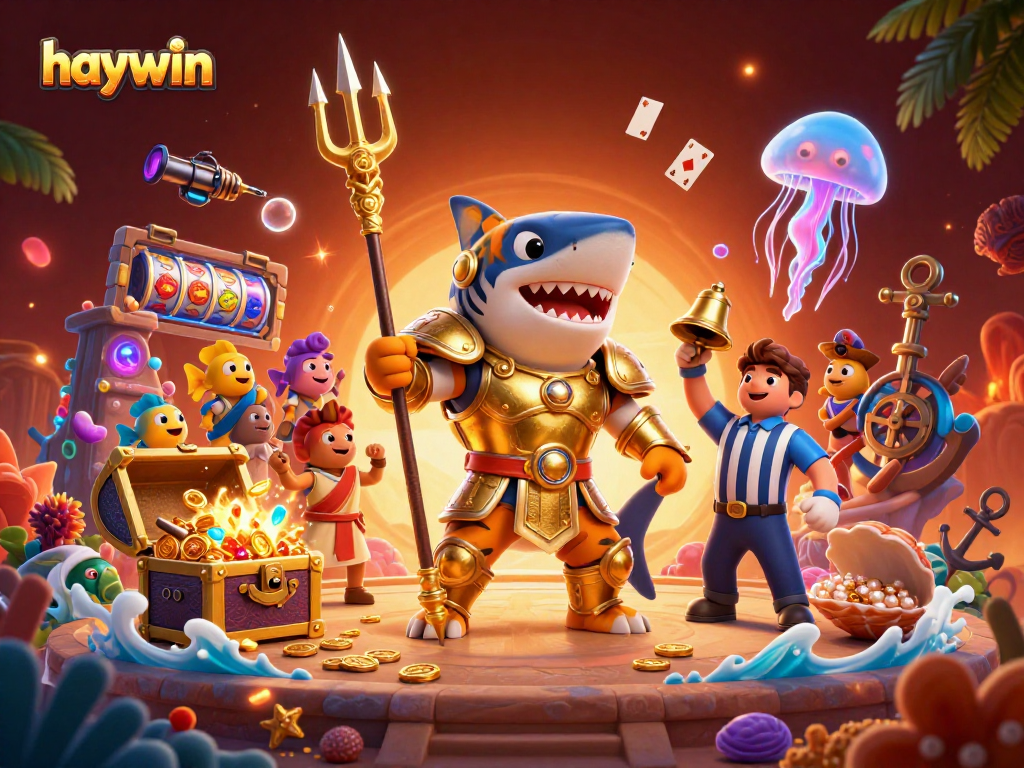Experience dynamic gaming action at Haywin with a fearless shark gladiator amidst treasure and slot reels.