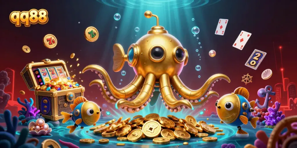Experience thrilling gaming with qq88's golden kraken submarine design amidst dynamic slot elements.