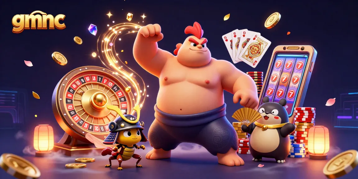 Play to win at gmnc with a powerful rooster sumo wrestler and festive casino elements.