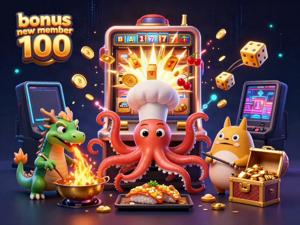 Experience the excitement with bonus new member 100 as our vibrant characters celebrate casino wins amidst flying symbols and gold.