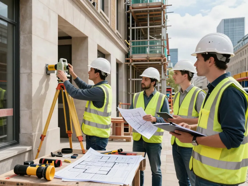 Measured Building Surveyors London team using advanced technology to conduct precise measurements on a construction site.
