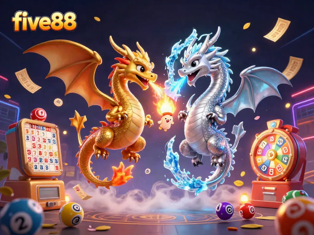 Experience the magic of five88 with intertwined dragons and vibrant gaming symbols creating a captivating casino atmosphere.