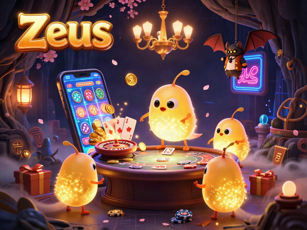 Experience the thrill of Zeus-inspired gaming with glowworms illuminating a vibrant cave casino scene.