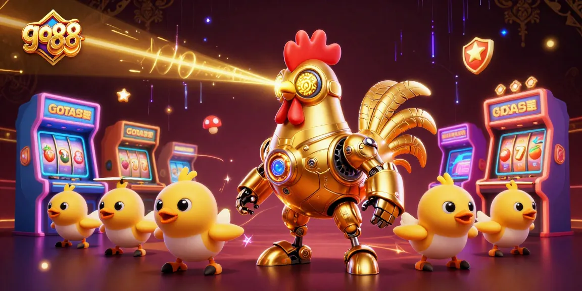 Experience the excitement of go 88 with vibrant casino elements and a futuristic rooster robot.