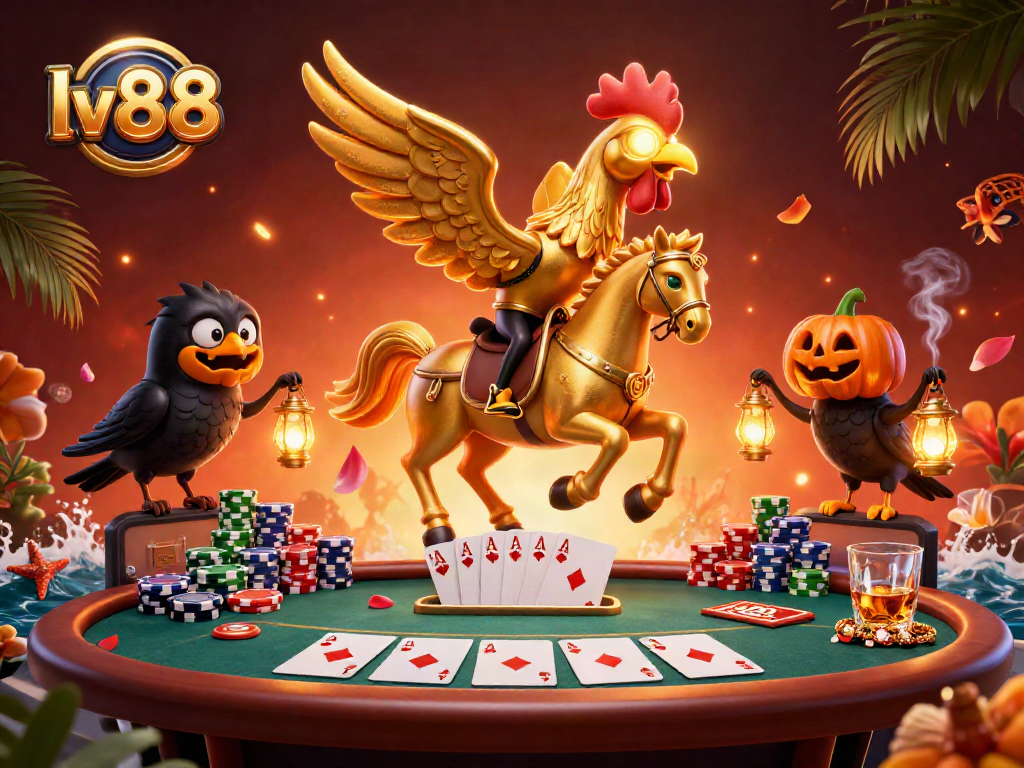 Engage in thrilling casino games at lv88 featuring a mystical rooster and vibrant gaming elements.
