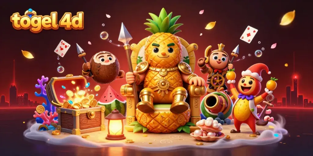 Engage in togel 4d lottery excitement with a vibrant casino scene of a golden pineapple king and lively characters.