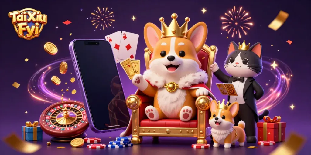 Engage with exciting Tài Xỉu Fyi casino action featuring royal corgis, confetti, and vibrant gaming elements.