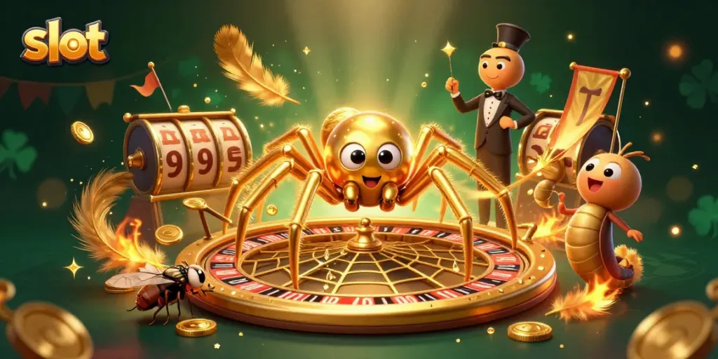 Spin the slot and win in action; 3D depiction of a slot-themed roulette web scene.