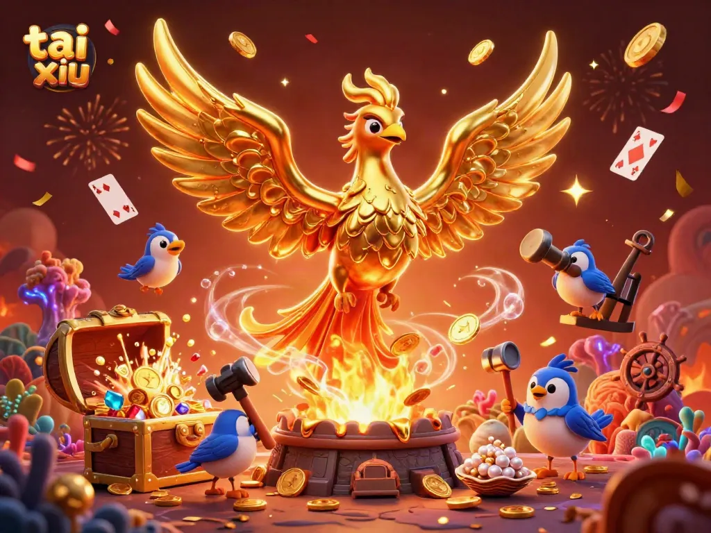 Exciting tai xiu game scene illustrated with molten gold phoenix and vibrant casino elements.